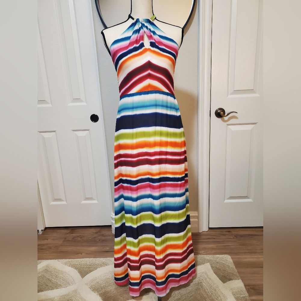 V CRISTINA OMBRE HALTER MAXI SUMMER DRESS FULLY LINED GOOD CONDITION